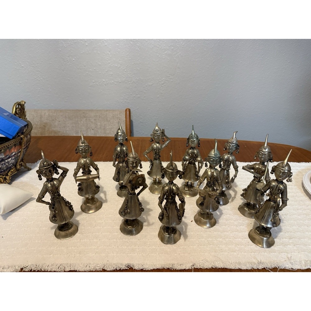 Antique India Hindu Silver-tone Metal MUSICIAN & DANCER Figurines 11 Piece Set